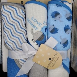 BUTTONS & STITCHES 3 Pack Elephant Hooded Towels for Baby Boys. Gift Set